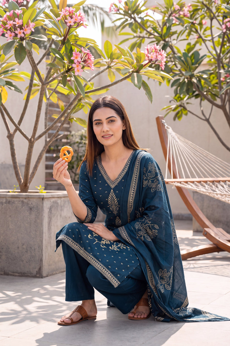 Cobalt Bloom Cotton Dupatta Set — image 4