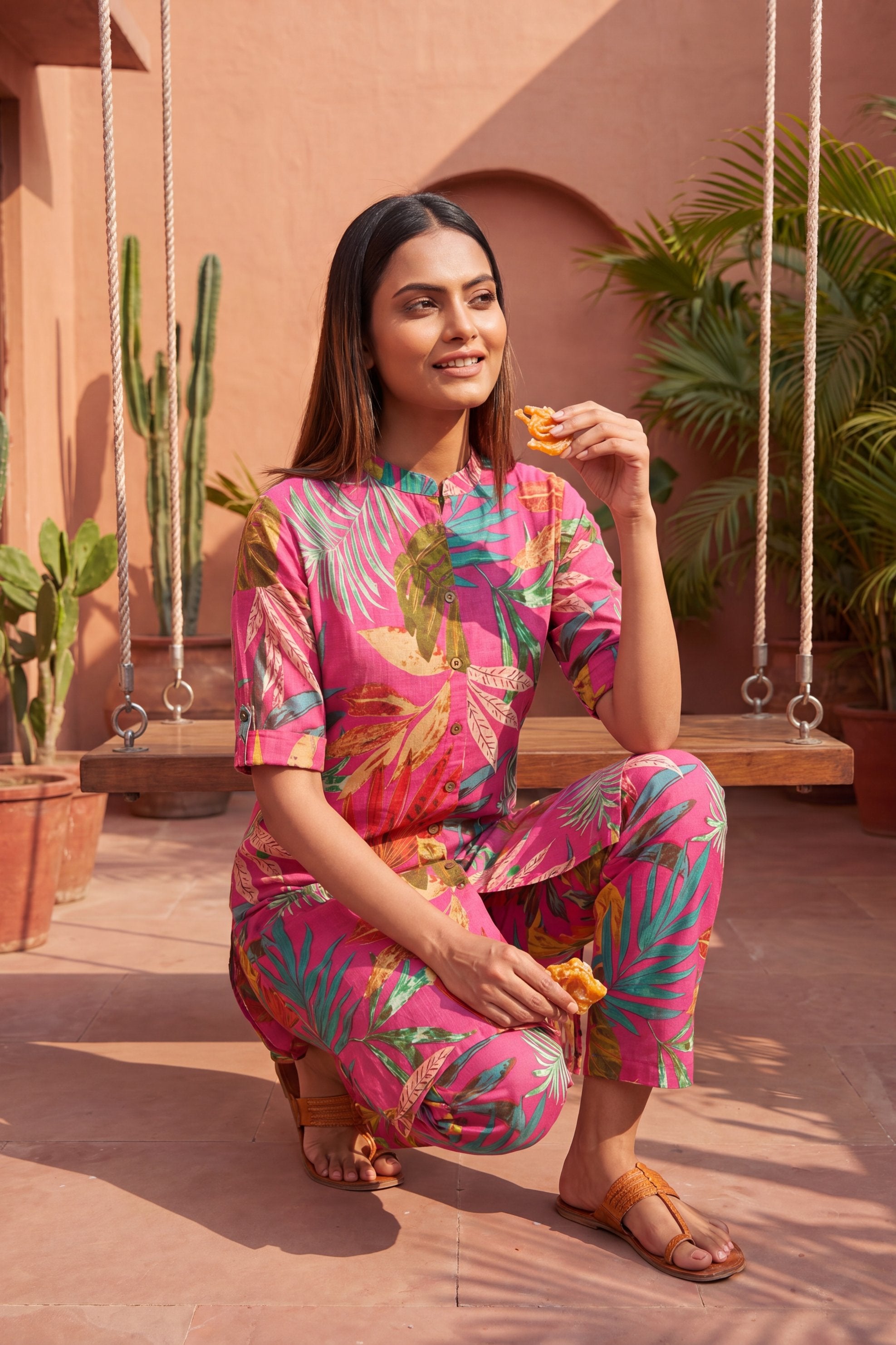 Macaron Pink Mandarin Cotton Co-ord Set