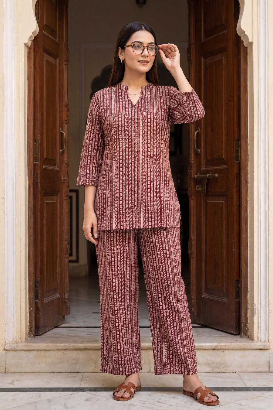 Wine Stripe Angrakha Cotton Co-ord Set — image 7
