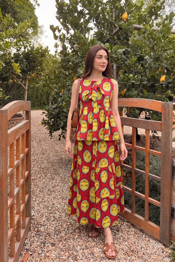 Crimson Tiered Cotton Skirt Set