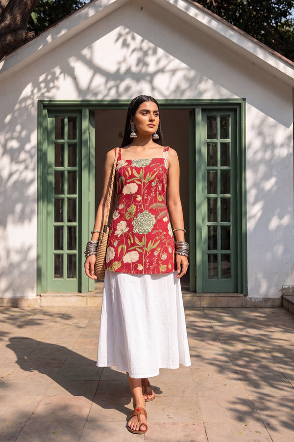 Crimson Bloom Square Neck Cotton Top