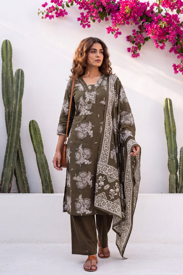 Crescendo Pine Cotton Dupatta Set