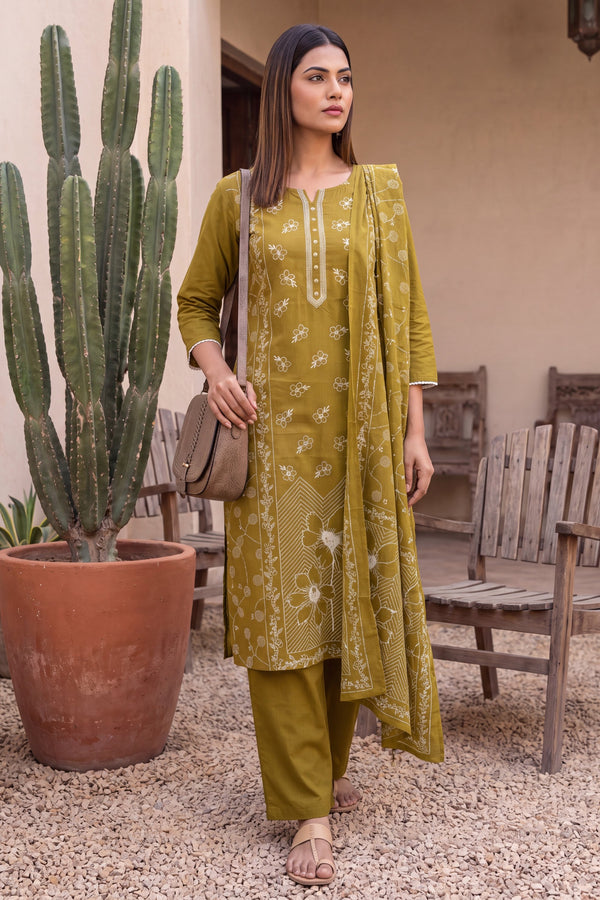 Lagoon Olive Cotton Dupatta Set