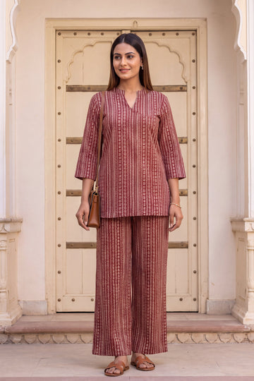 Wine Stripe Angrakha Cotton Co-ord Set