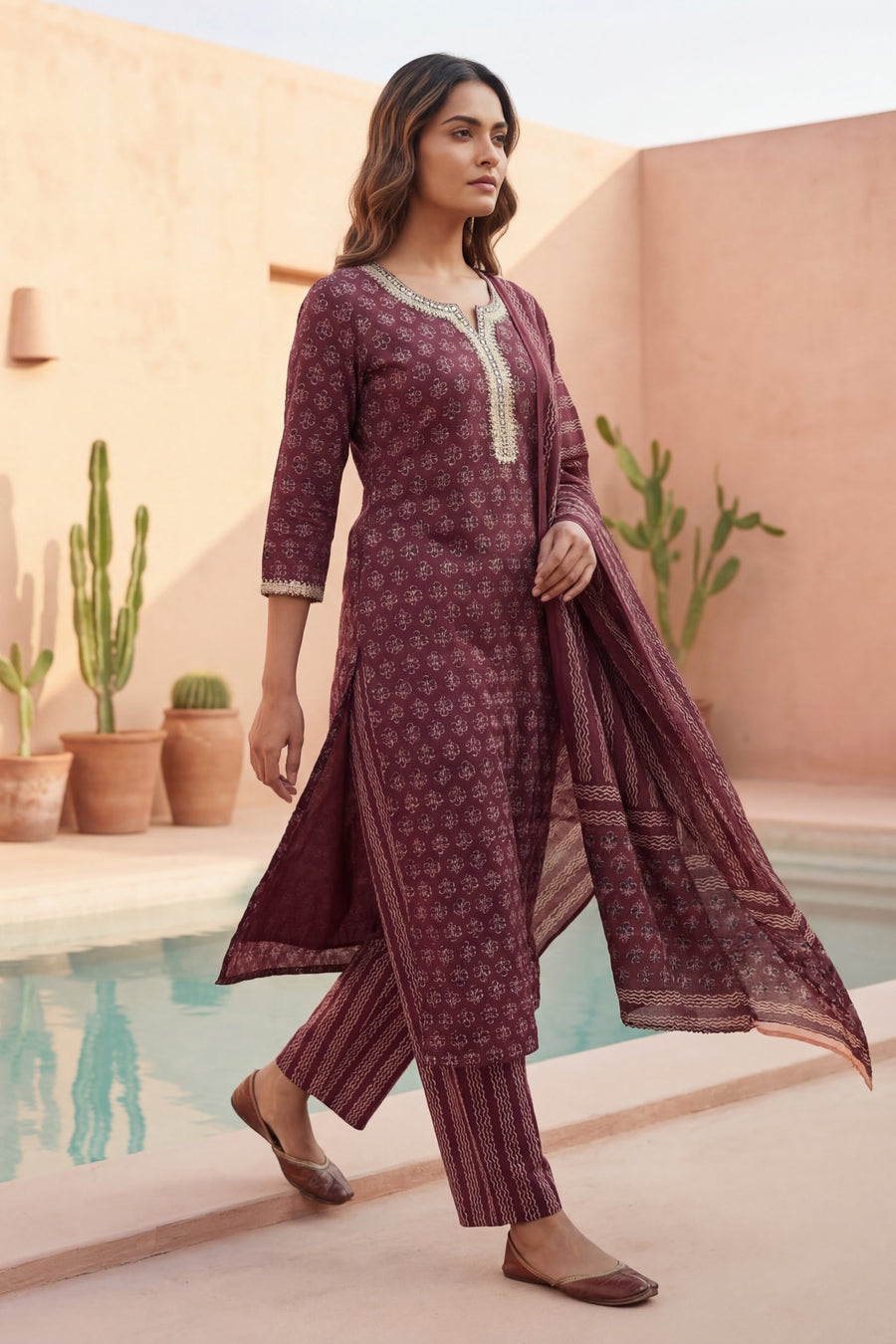 Wine Ditsy Gold Trim Floral Cotton Dupatta Set — image 8