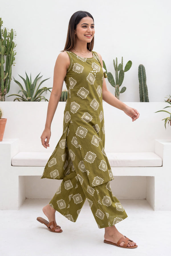 Verdant Ease Sleeveless Cotton Co-ord Set