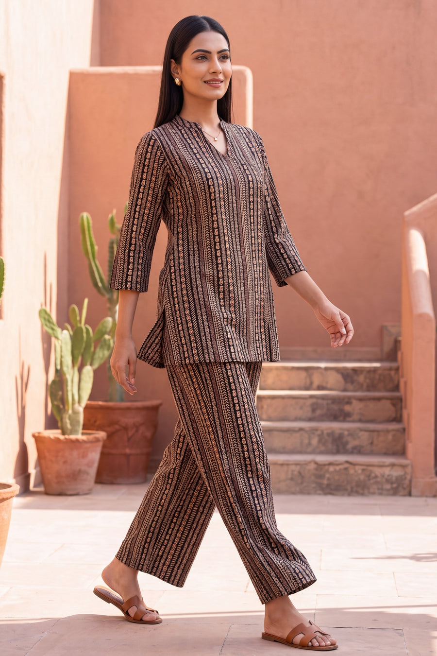 Cocoa Stripe Angrakha Cotton Co-ord Set — image 6