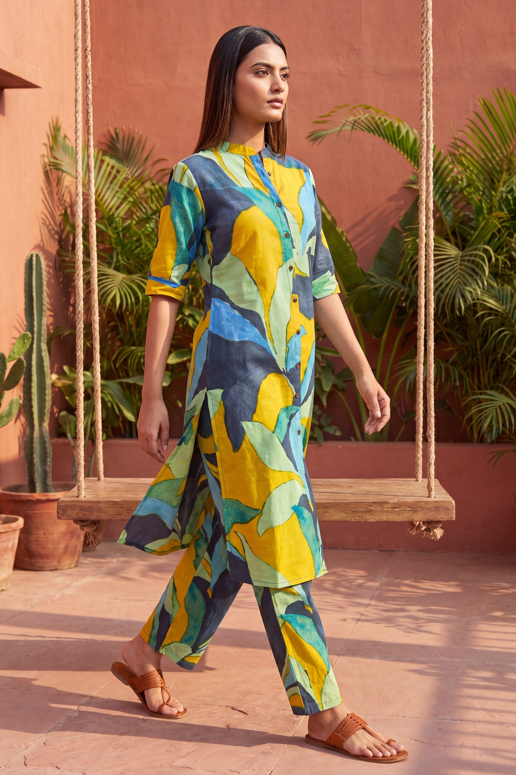 Café Mustard Mandarin Cotton Co-ord Set