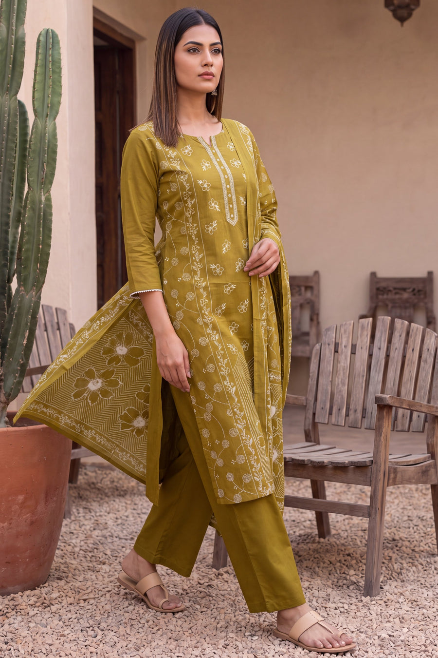 Lagoon Olive Cotton Dupatta Set — image 5