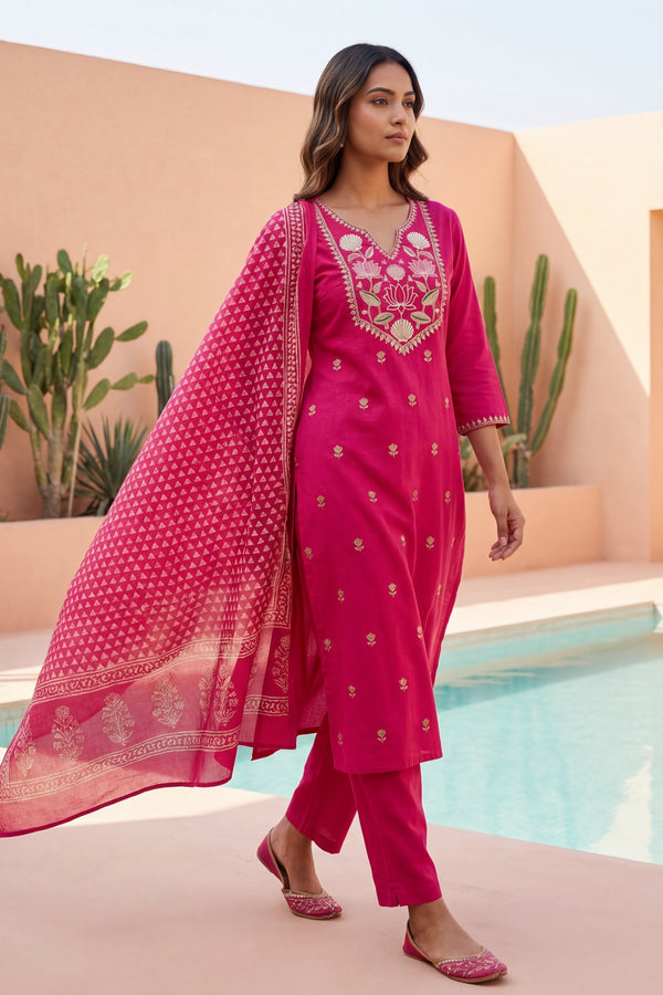 Magenta Cowrie Bloom Embroidered Cotton Dupatta Set