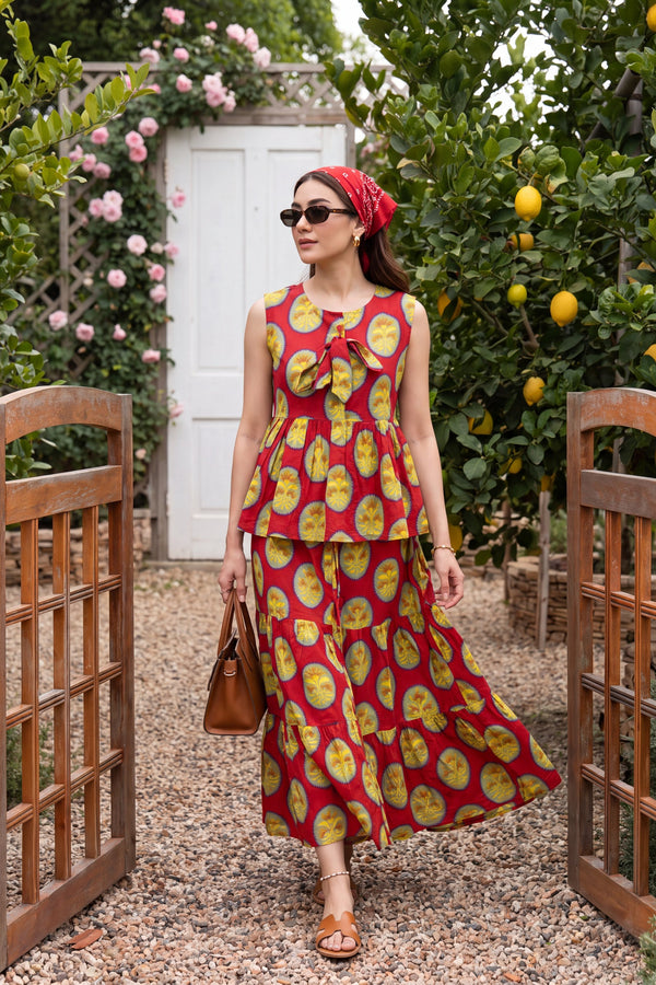 Crimson Tiered Cotton Skirt Set
