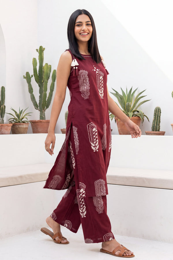 Merlot Ease Sleeveless Cotton Co-ord Set