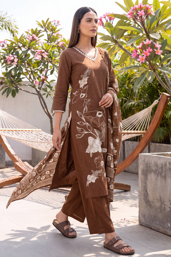 Chestnut Brown Cotton Dupatta Set