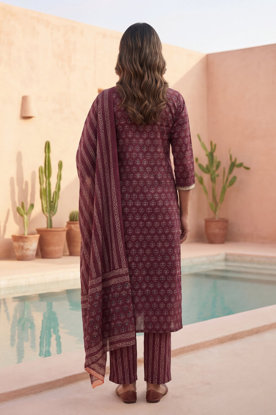 Wine Ditsy Gold Trim Floral Cotton Dupatta Set — image 11