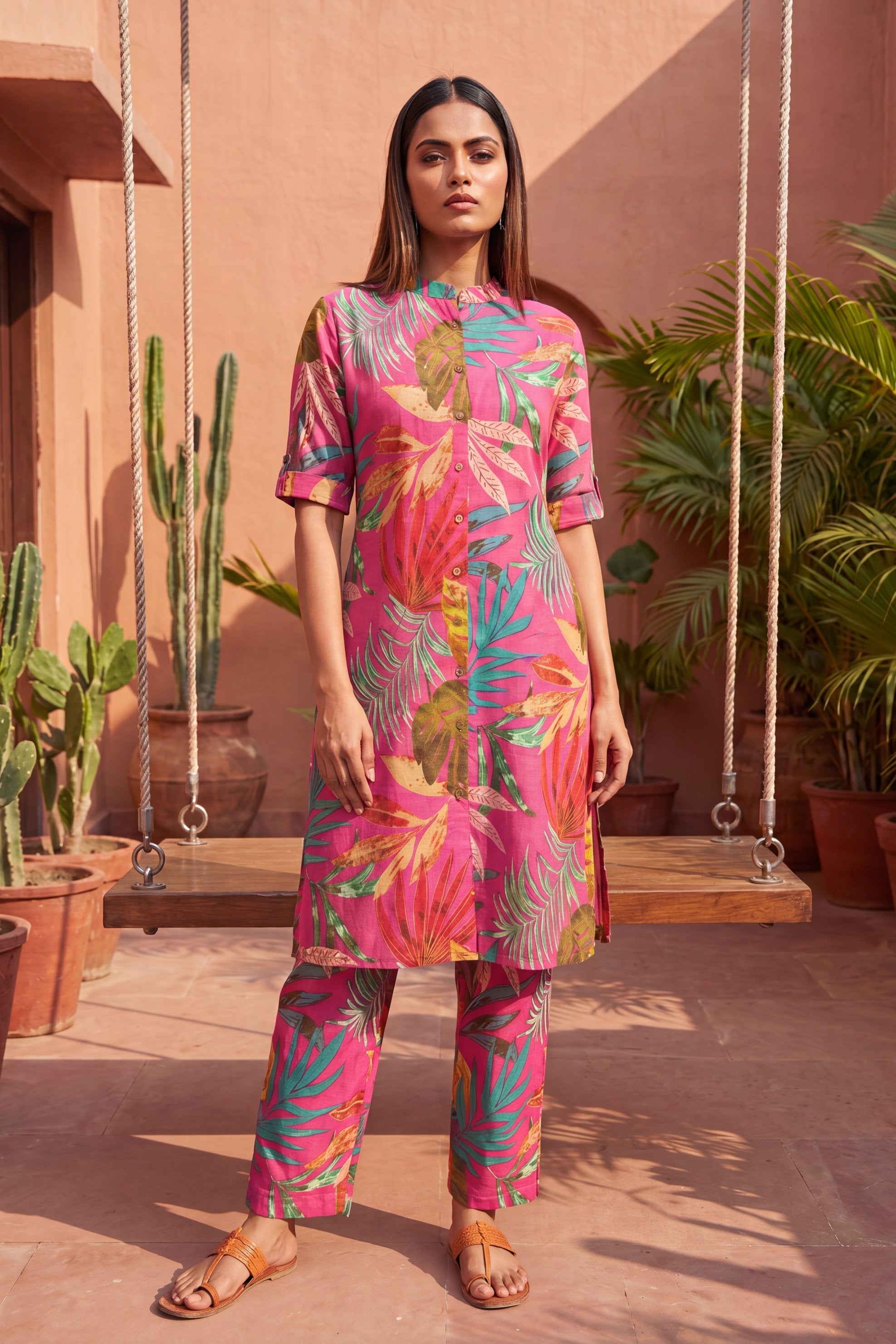 Macaron Pink Mandarin Cotton Co-ord Set
