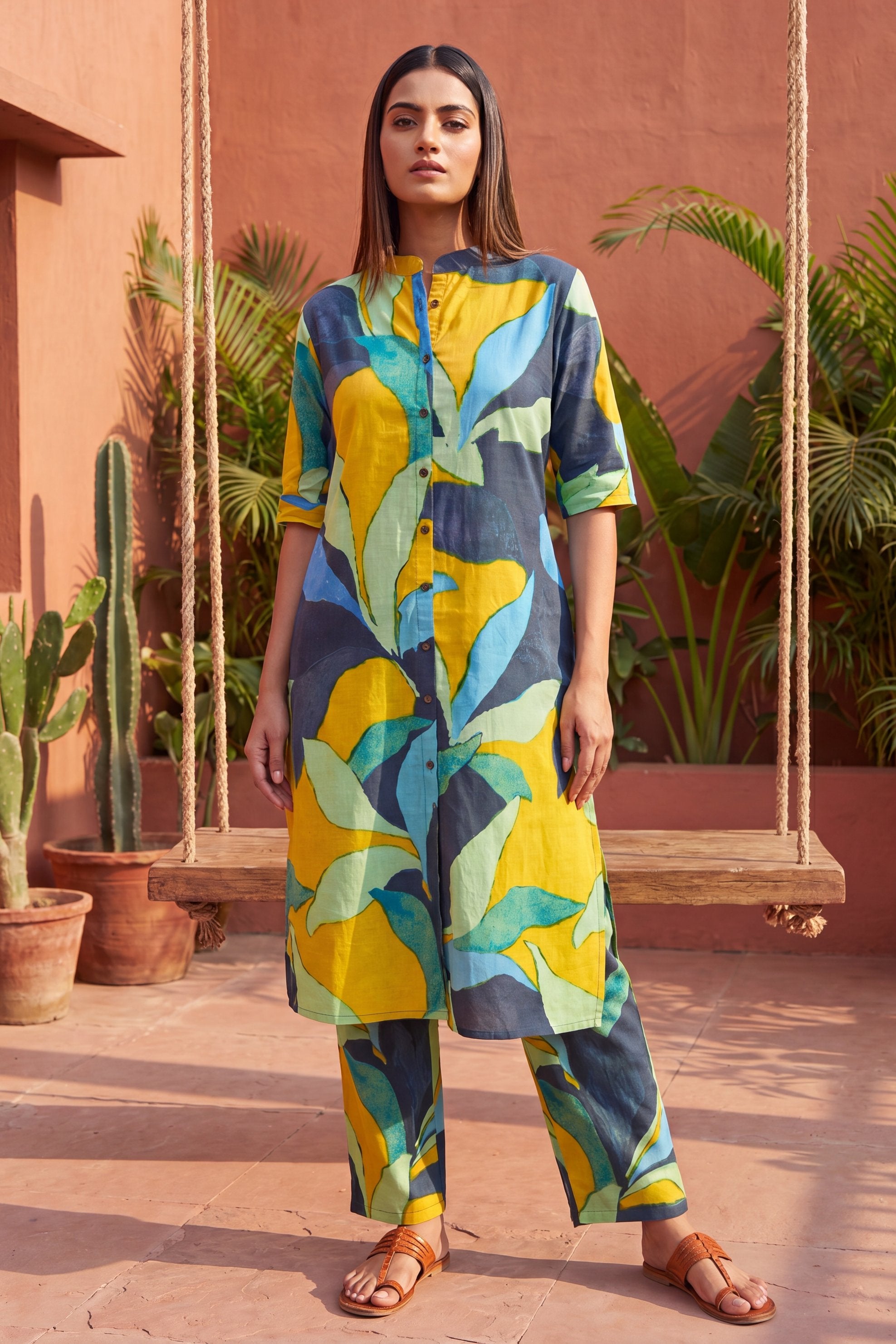 Café Mustard Mandarin Cotton Co-ord Set