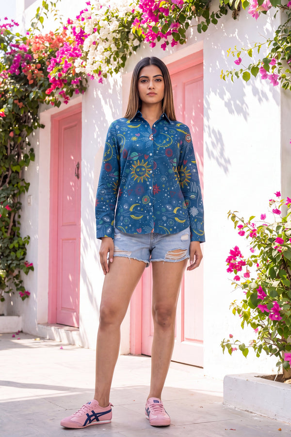Teal Wave Cotton Shirt