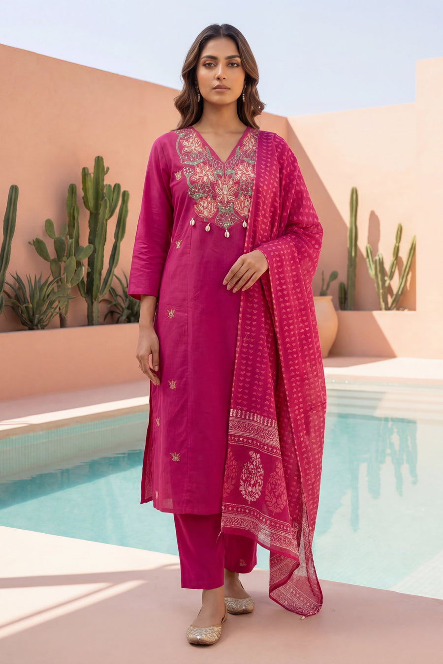 Magenta Cowrie Bloom Embroidered Cotton Dupatta Set — image 4