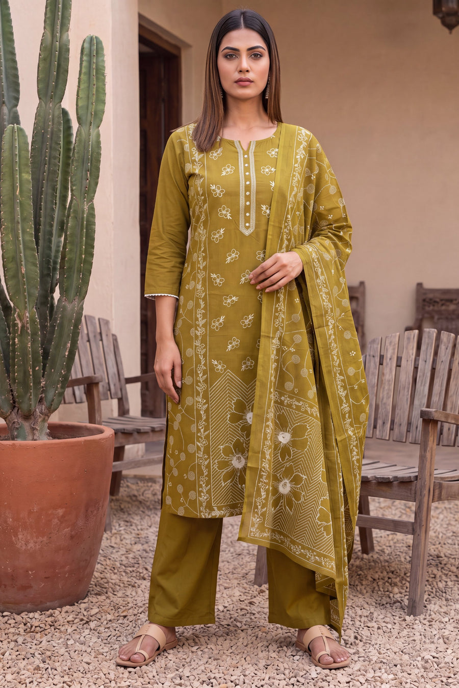 Lagoon Olive Cotton Dupatta Set — image 6