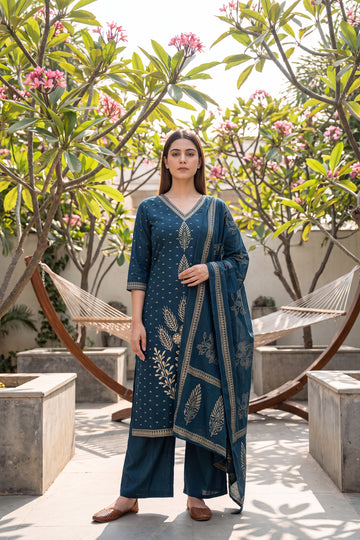 Cobalt Bloom Cotton Dupatta Set