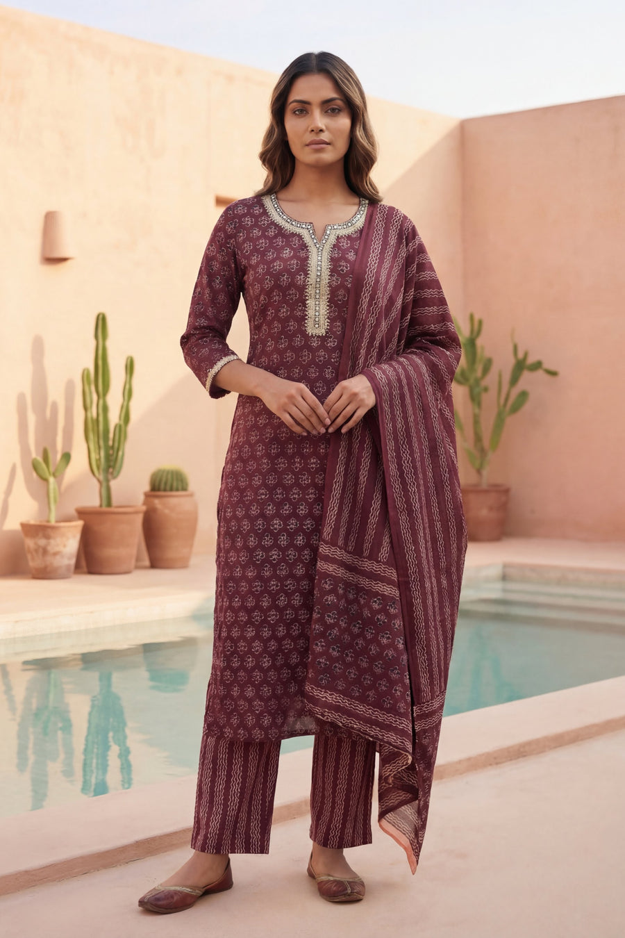 Wine Ditsy Gold Trim Floral Cotton Dupatta Set — image 7