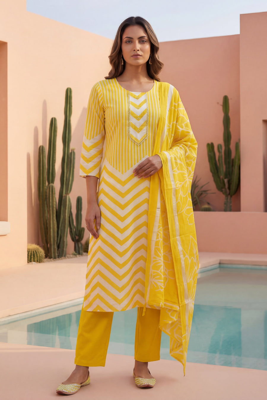 Solar Zigzag Bloom Chevron Cotton Dupatta Set — image 7
