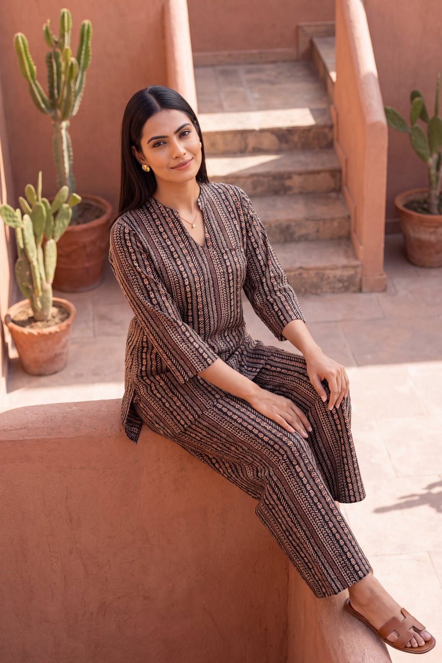 Cocoa Stripe Angrakha Cotton Co-ord Set — image 8