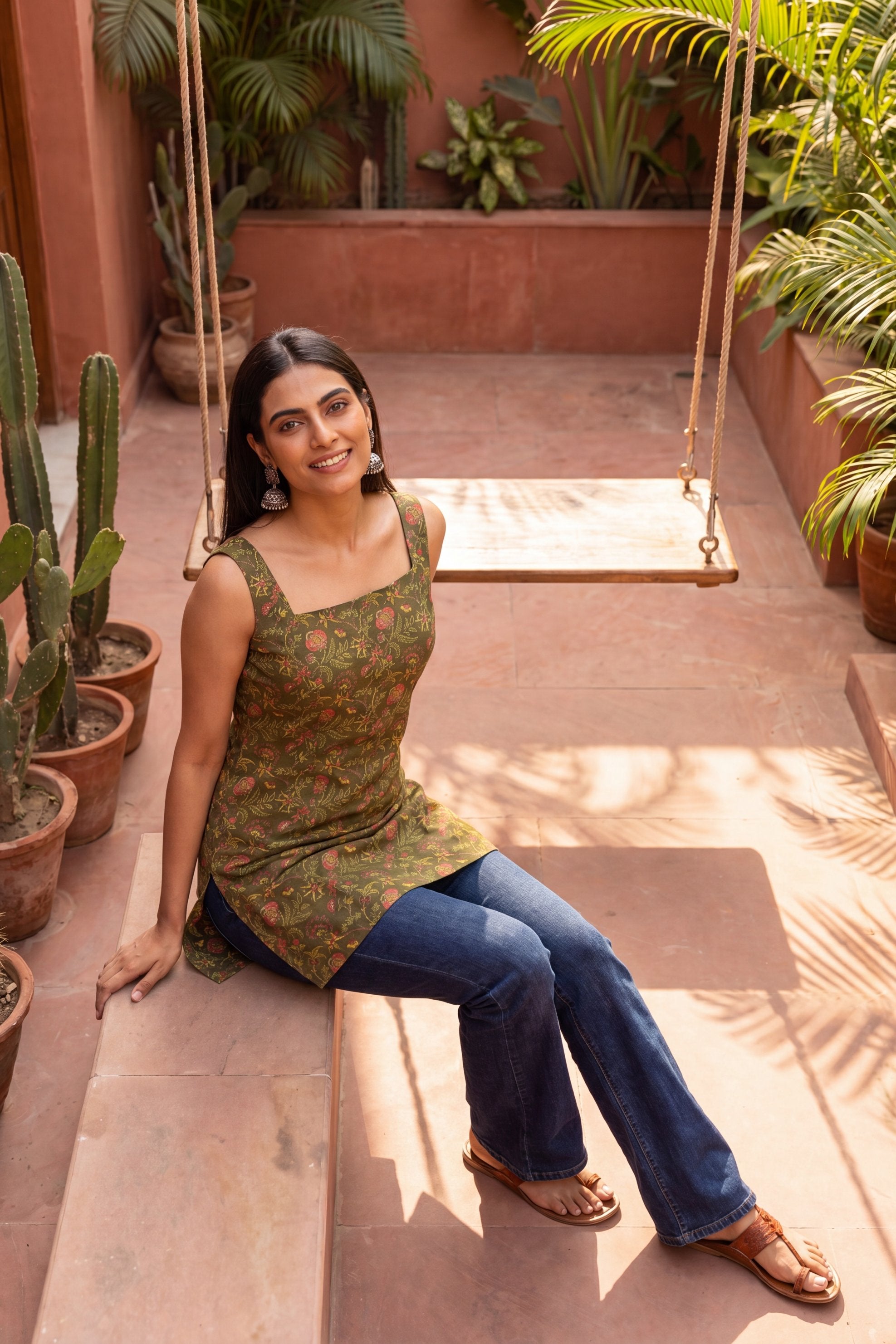 Atelier Olive Green Square Neck Cotton Top