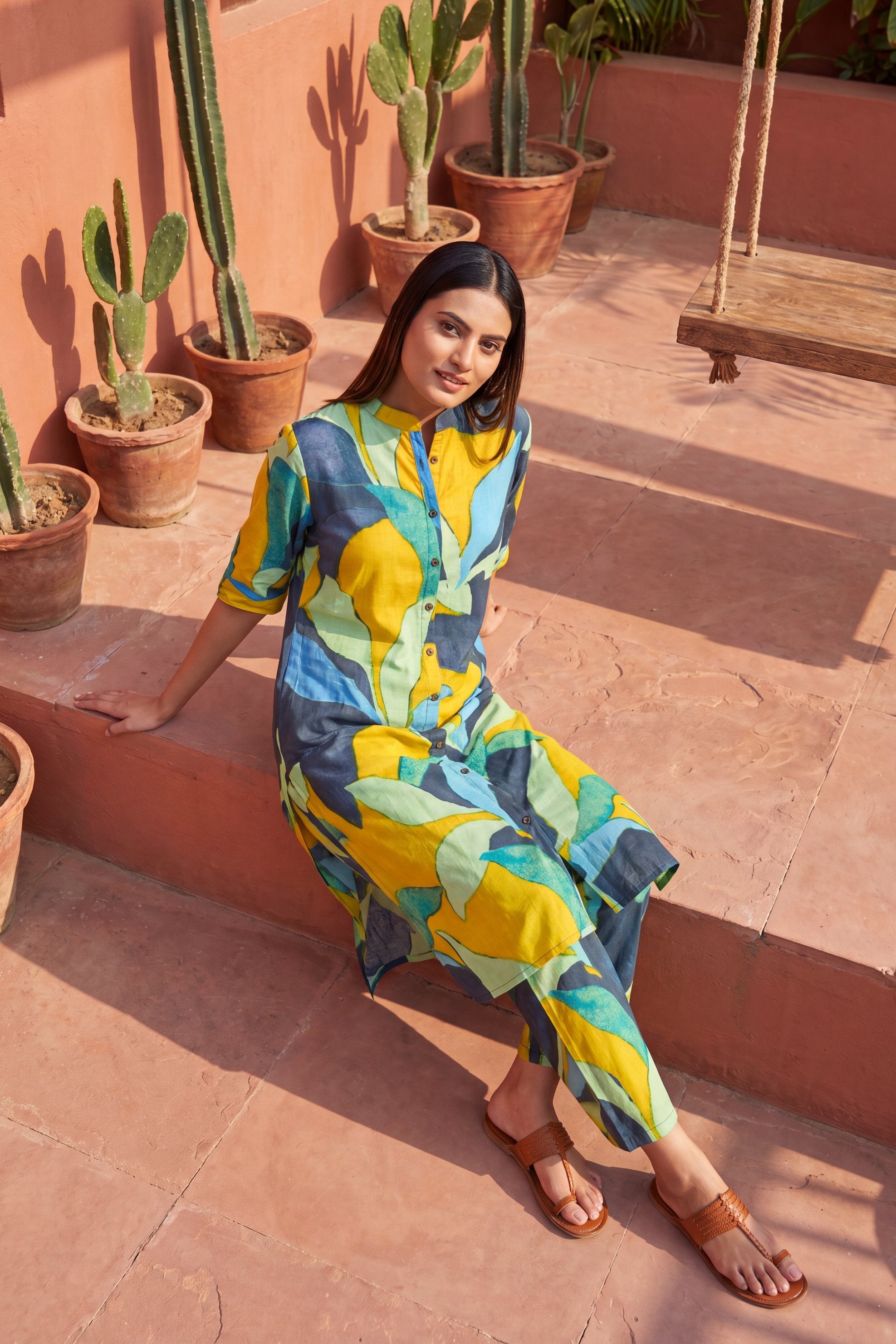 Café Mustard Mandarin Cotton Co-ord Set