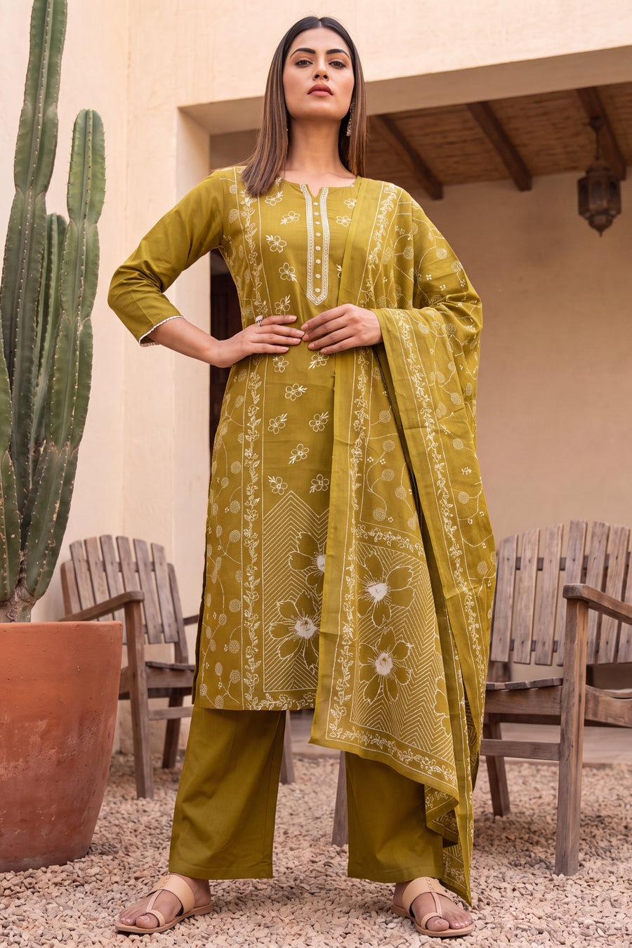 Lagoon Olive Cotton Dupatta Set — image 8