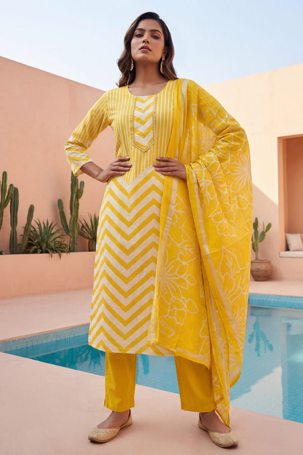 Solar Zigzag Bloom Chevron Cotton Dupatta Set