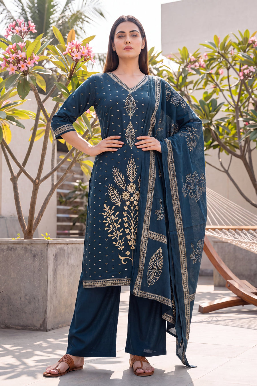 Cobalt Bloom Cotton Dupatta Set — image 7