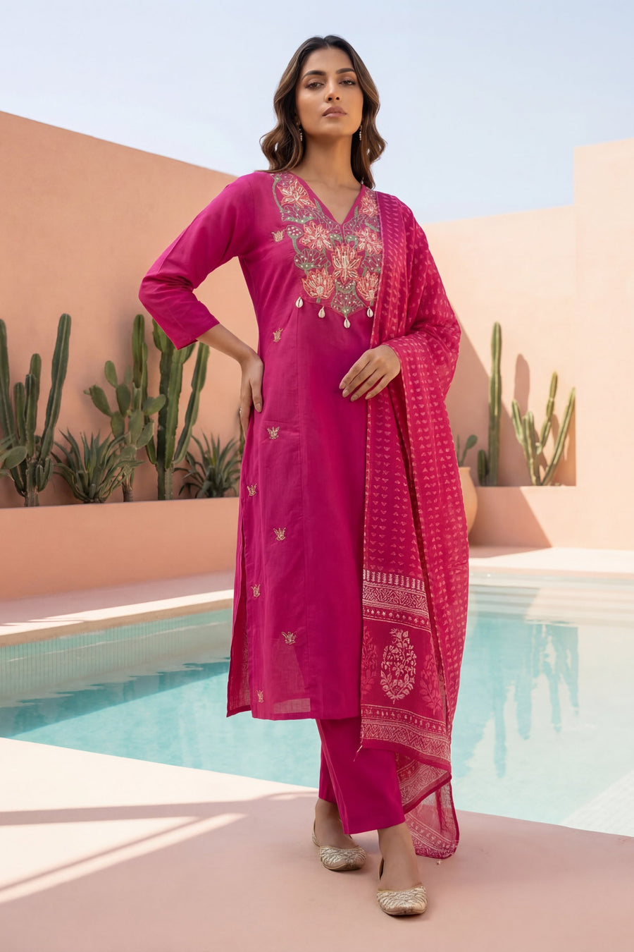 Magenta Cowrie Bloom Embroidered Cotton Dupatta Set — image 5
