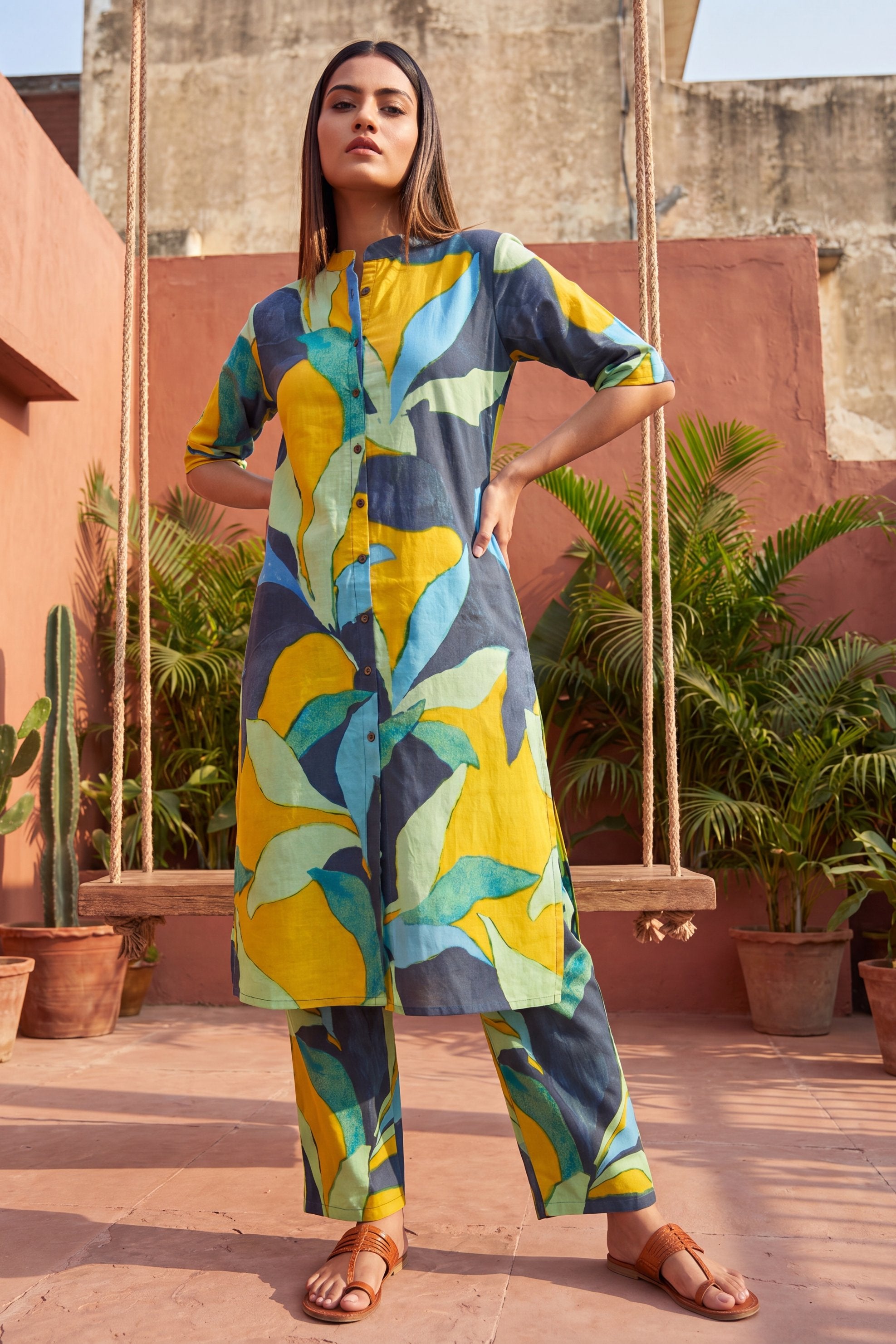 Café Mustard Mandarin Cotton Co-ord Set