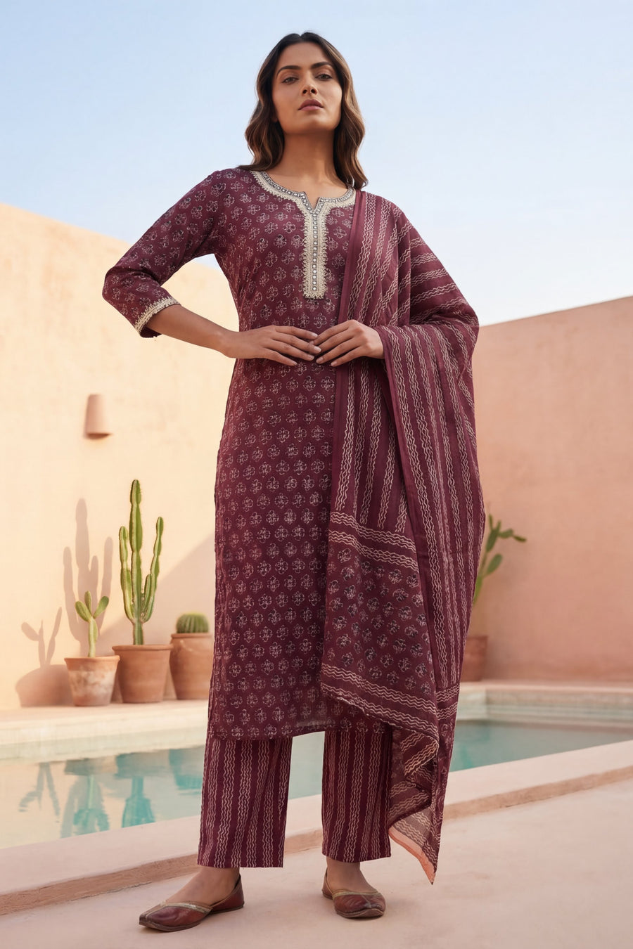 Wine Ditsy Gold Trim Floral Cotton Dupatta Set — image 9