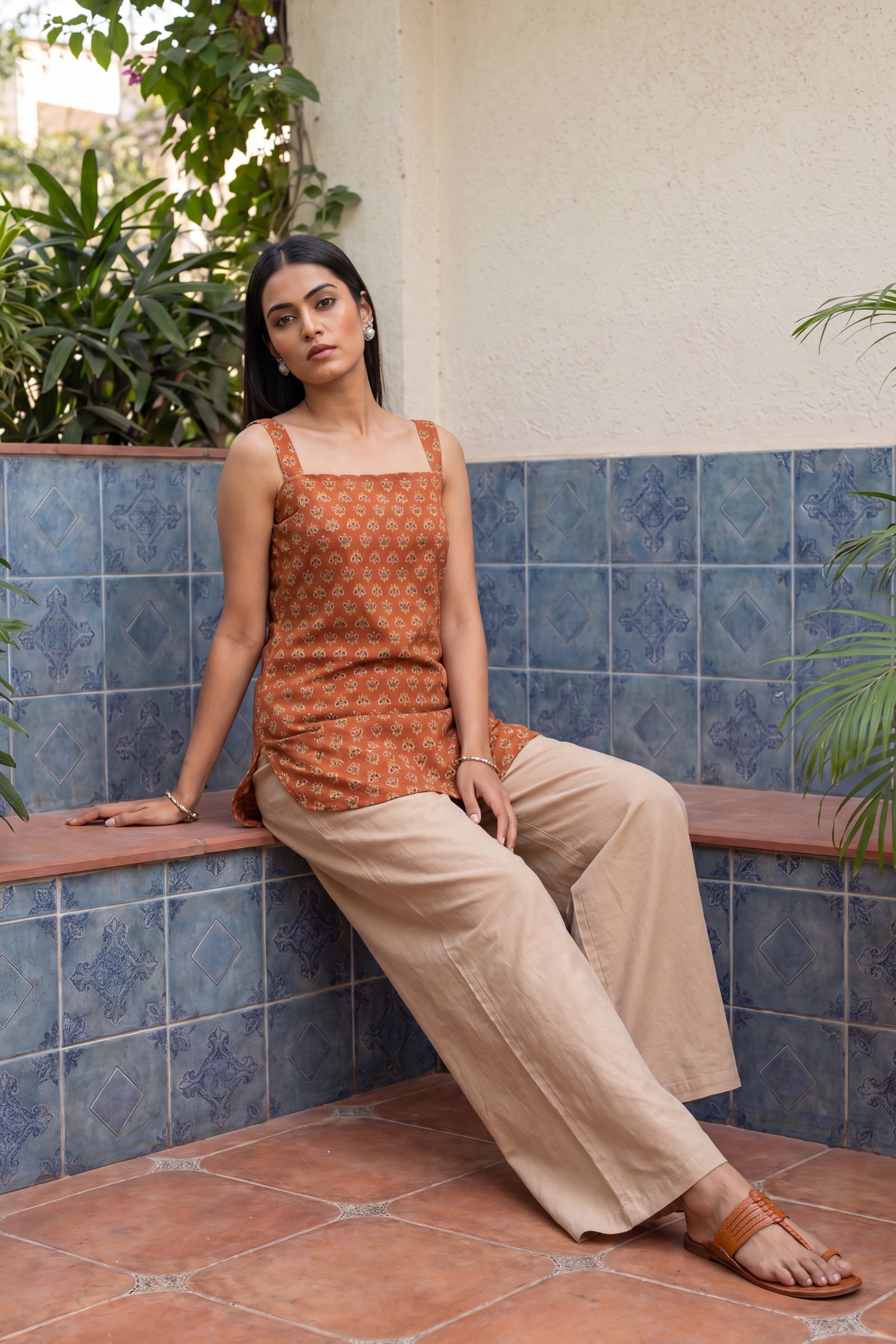 Saffron Bloom Square Neck Cotton Top
