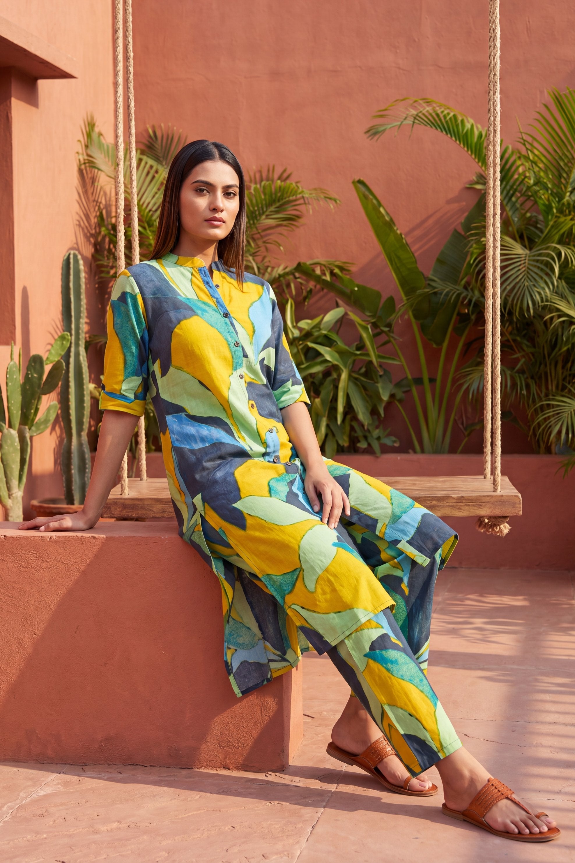 Café Mustard Mandarin Cotton Co-ord Set