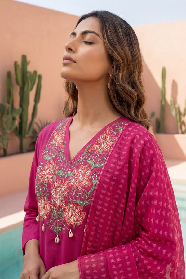 Magenta Cowrie Bloom Embroidered Cotton Dupatta Set