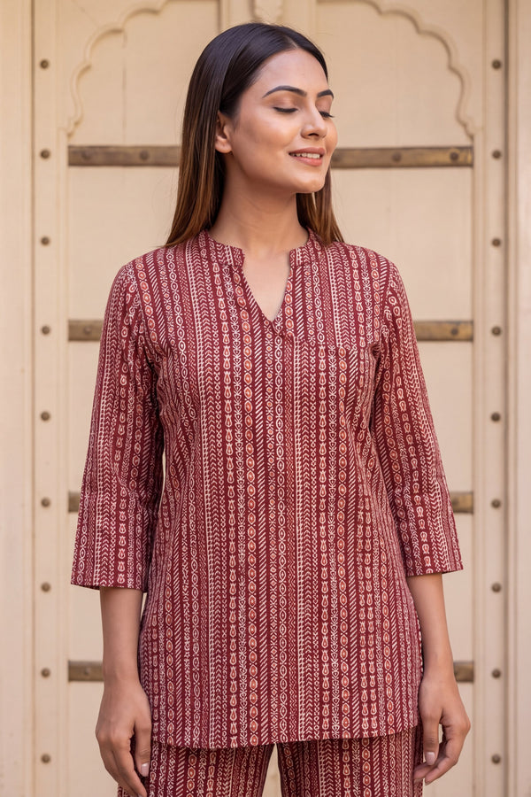 Wine Stripe Angrakha Cotton Co-ord Set