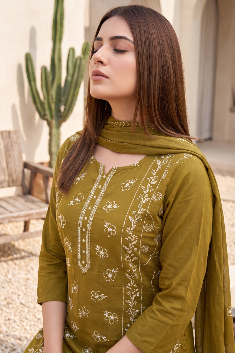 Lagoon Olive Cotton Dupatta Set — image 9