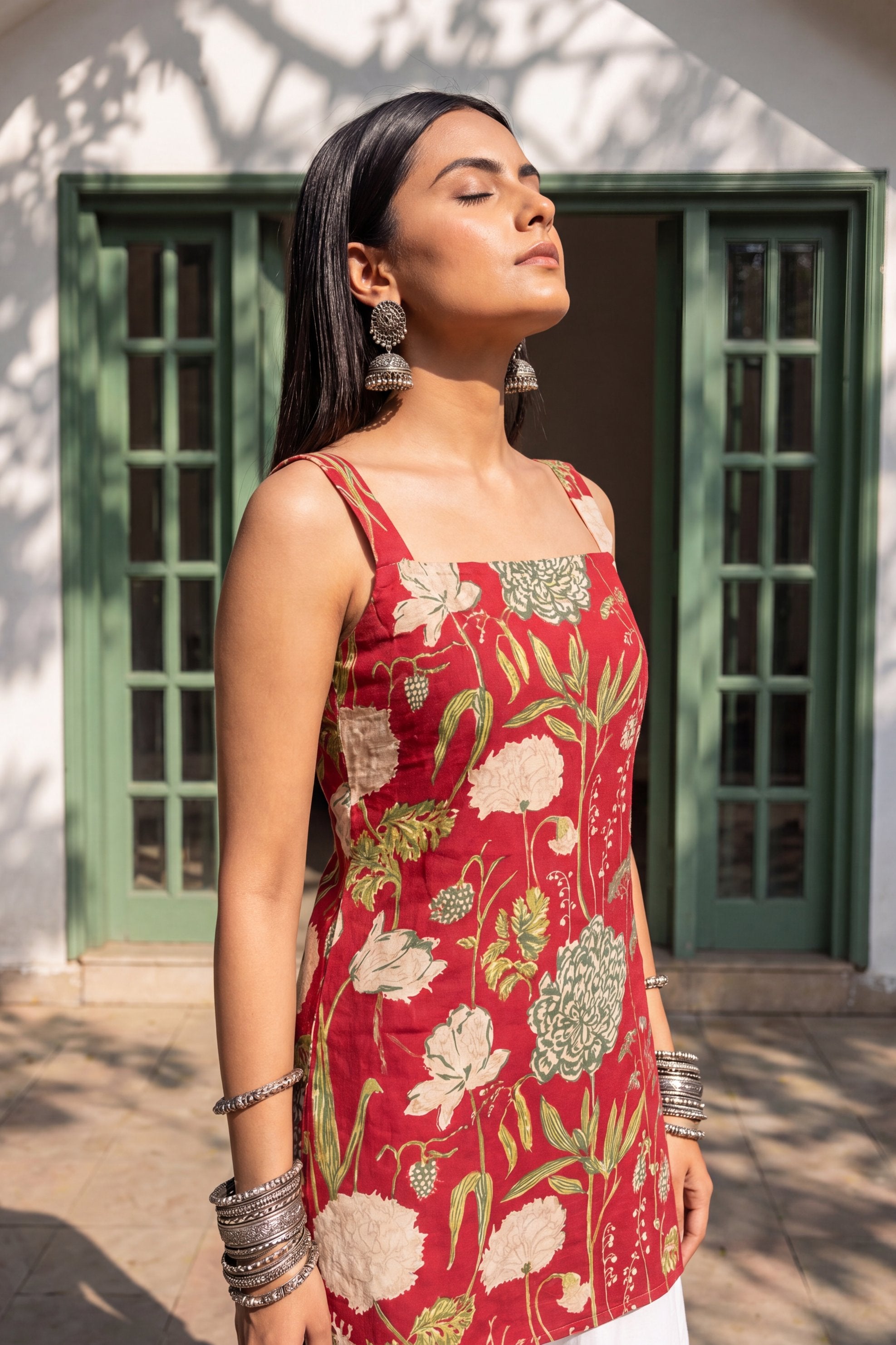 Crimson Bloom Square Neck Cotton Top