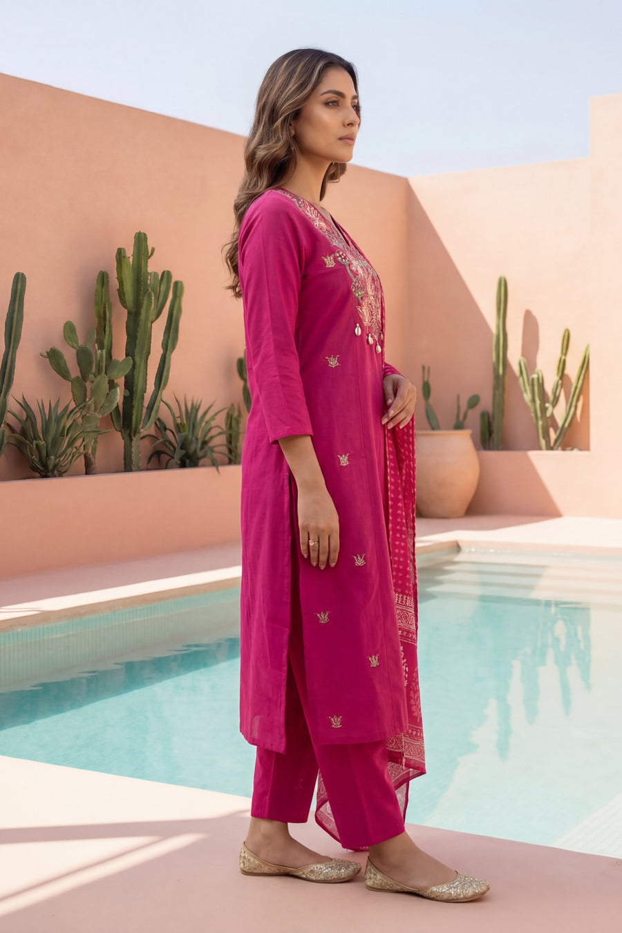 Magenta Cowrie Bloom Embroidered Cotton Dupatta Set — image 9