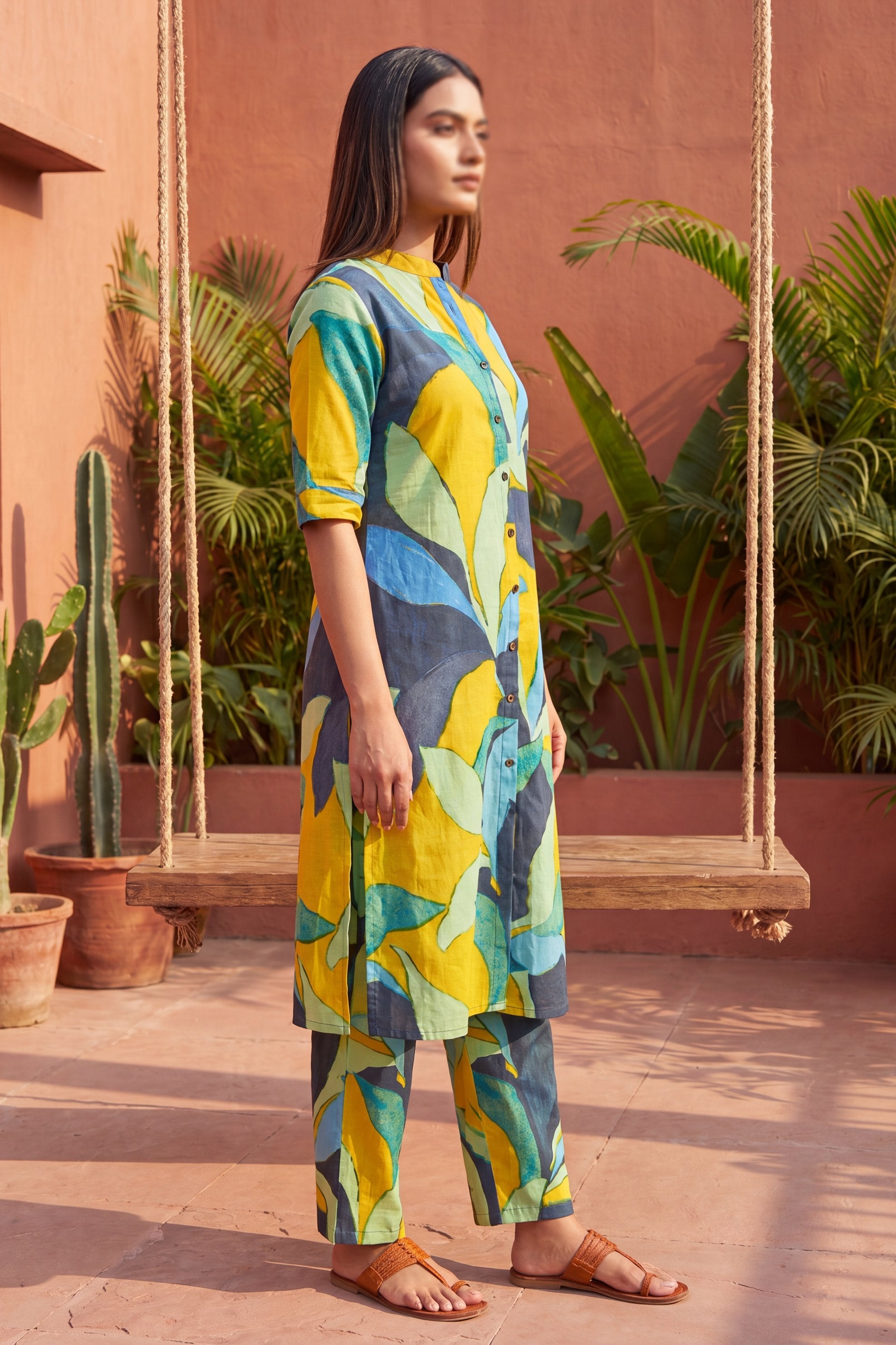 Café Mustard Mandarin Cotton Co-ord Set