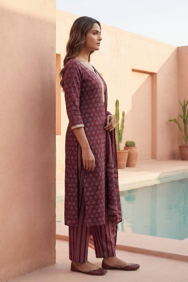Wine Ditsy Gold Trim Floral Cotton Dupatta Set
