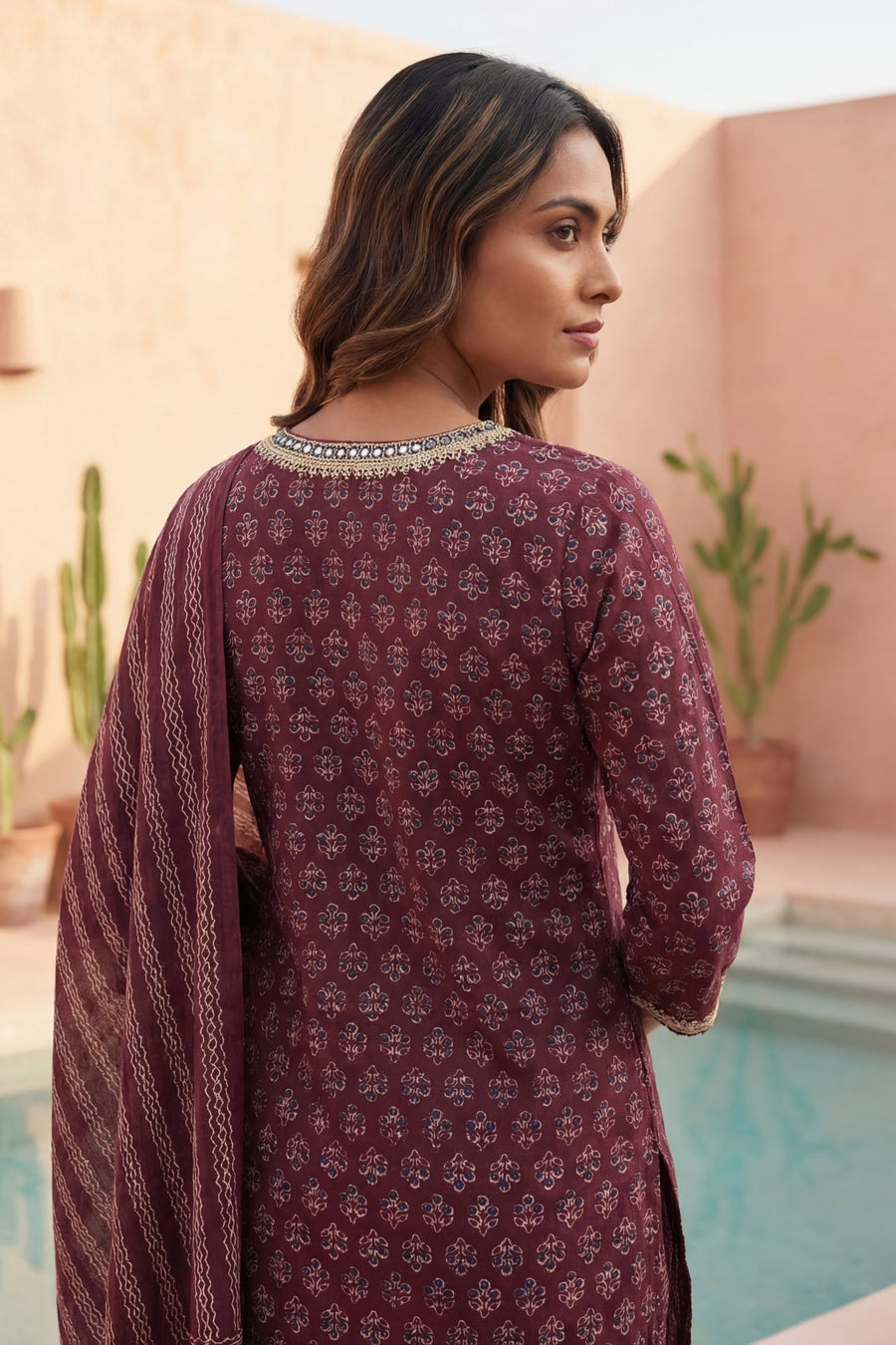 Wine Ditsy Gold Trim Floral Cotton Dupatta Set — image 3