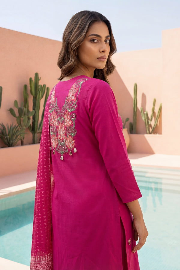 Magenta Cowrie Bloom Embroidered Cotton Dupatta Set