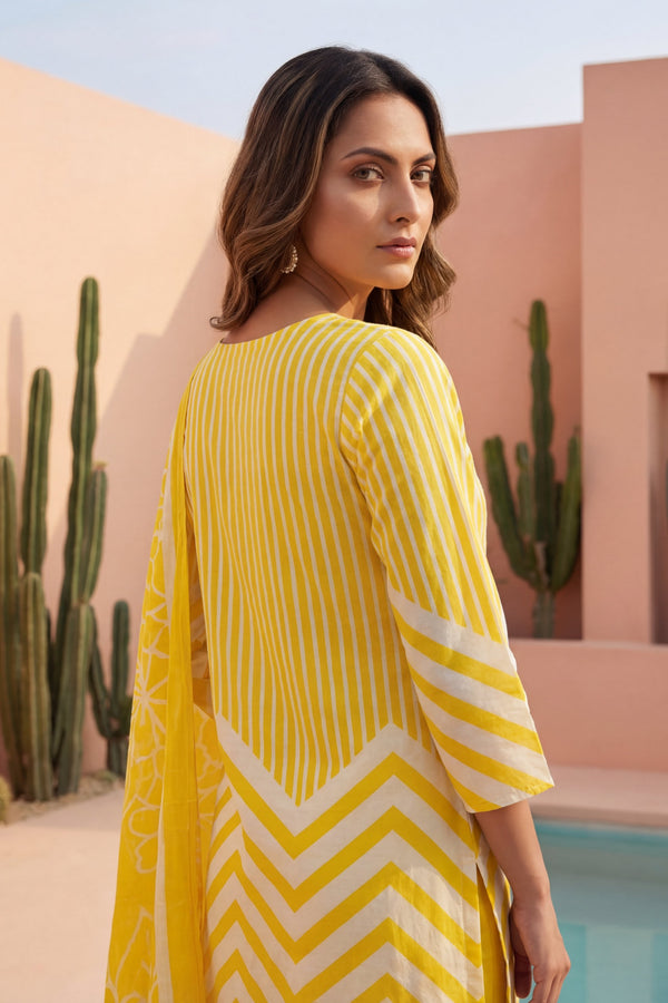 Solar Zigzag Bloom Chevron Cotton Dupatta Set