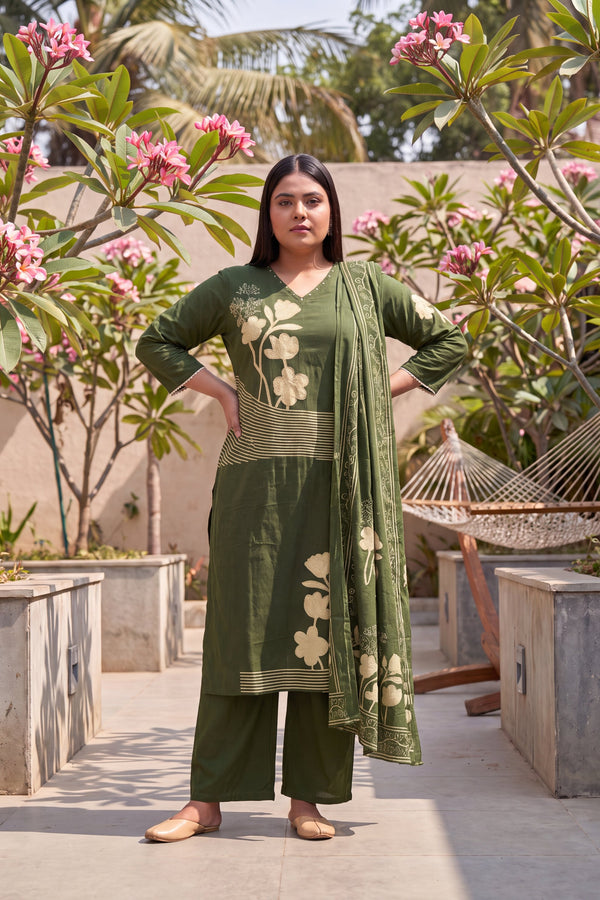 Fern Meadow Green Cotton Dupatta Set