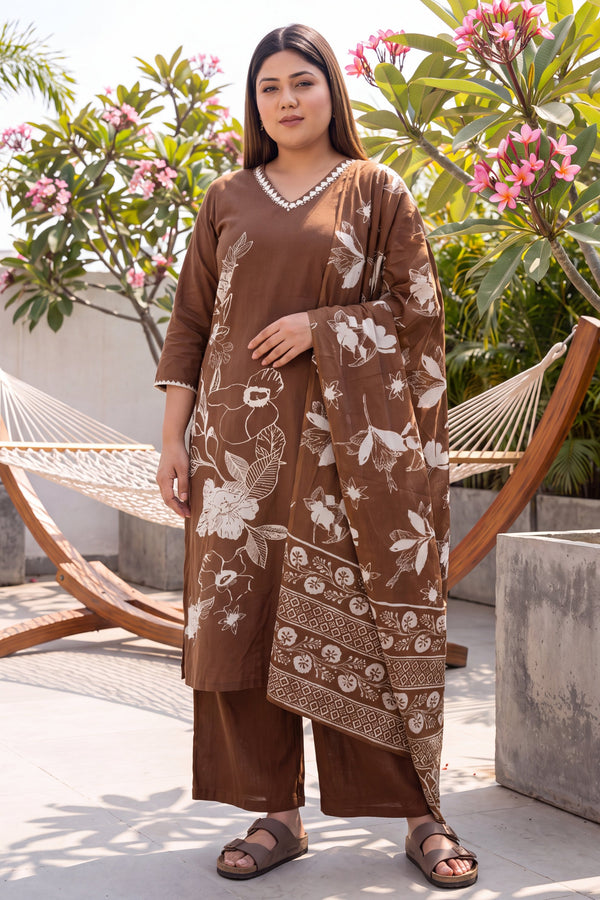 Chestnut Brown Cotton Dupatta Set