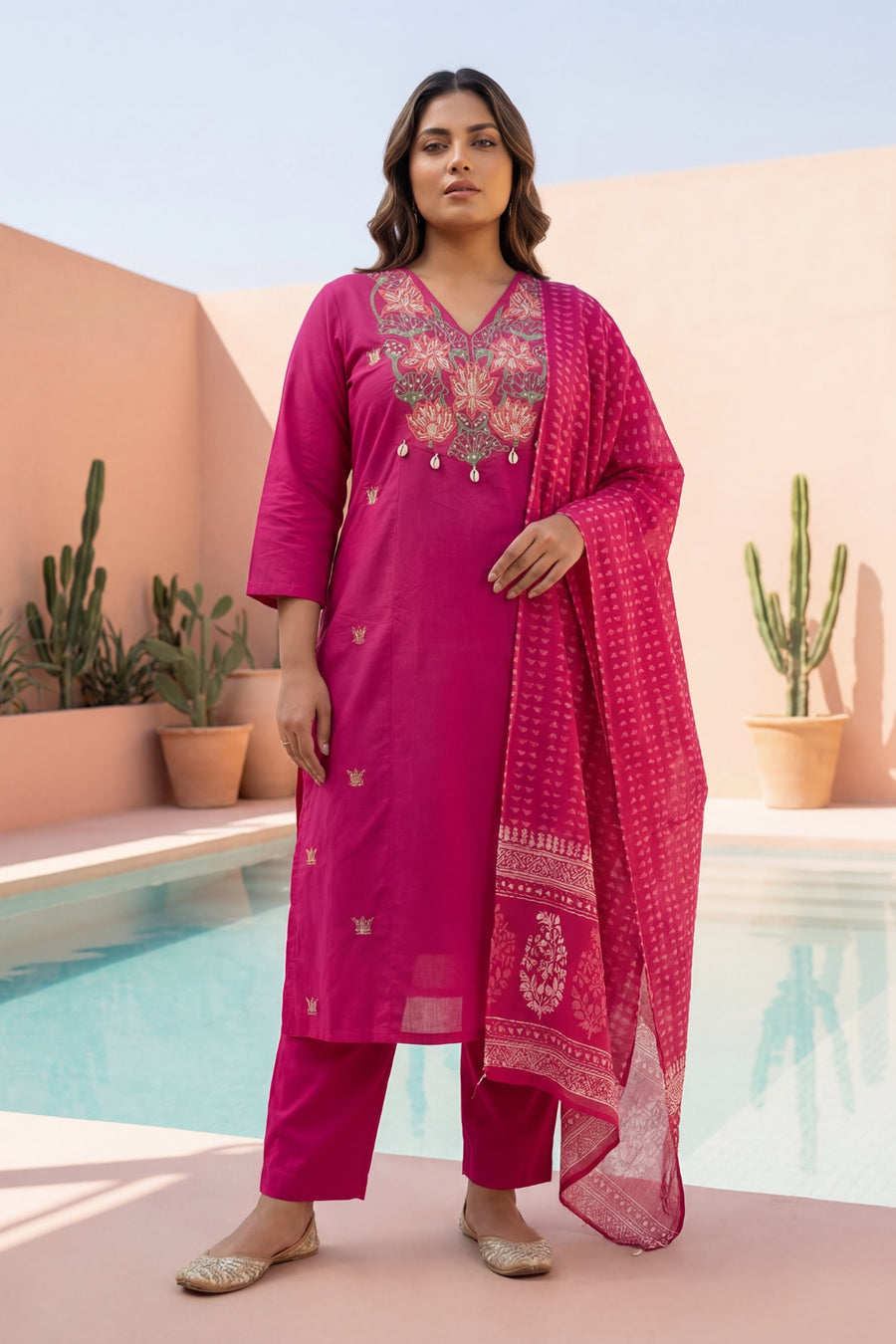 Magenta Cowrie Bloom Embroidered Cotton Dupatta Set — image 6